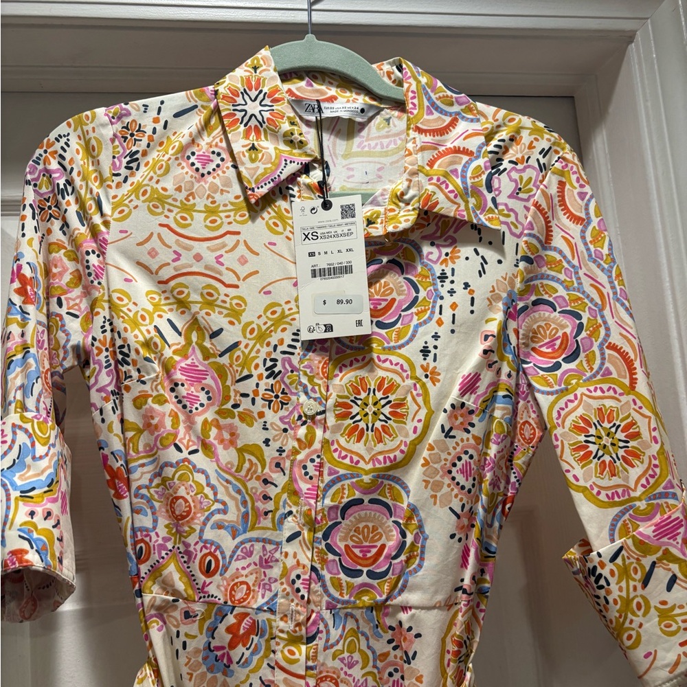 Zara Multicolor Floral Shirt Dress with tie
